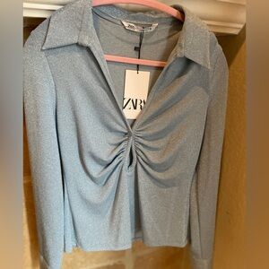 NWT Zara blue glitter sparkly keyhole front blouse retro party metallic Y2k L